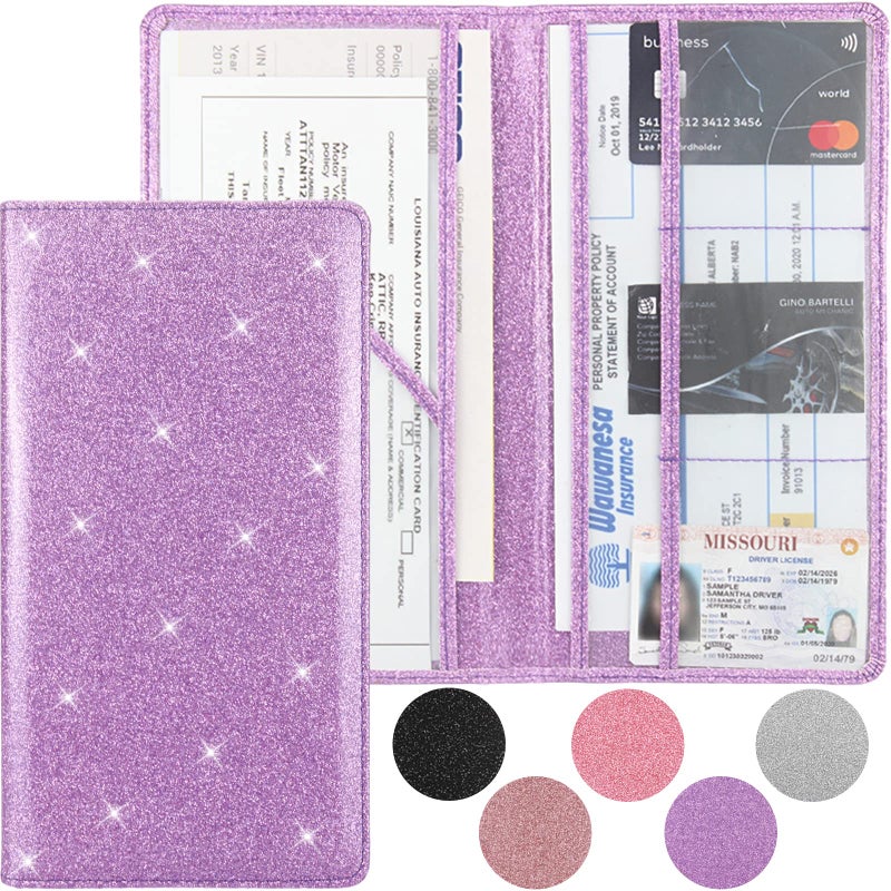 Bodskad Car Registration and Insurance Holder  Premium Leather Insurance and Registration Holder vehicle Glove Box Car Organizer  with Magnetic Shut for Cards  Driver License (Glitter Purple) - Image 1